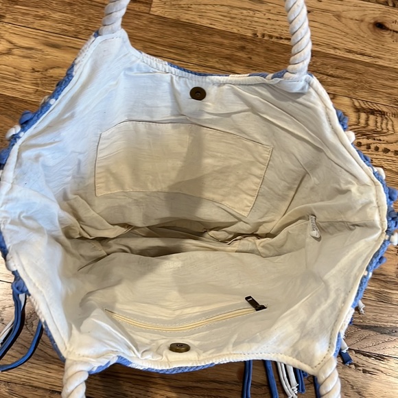 Large Boho Fringe Tote Bag Blue White Beach Bag - Picture 3 of 6